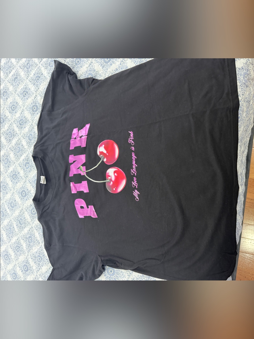PINK Victoria's Secret Black Tee with Pink Logo and Red Cherry Graphic